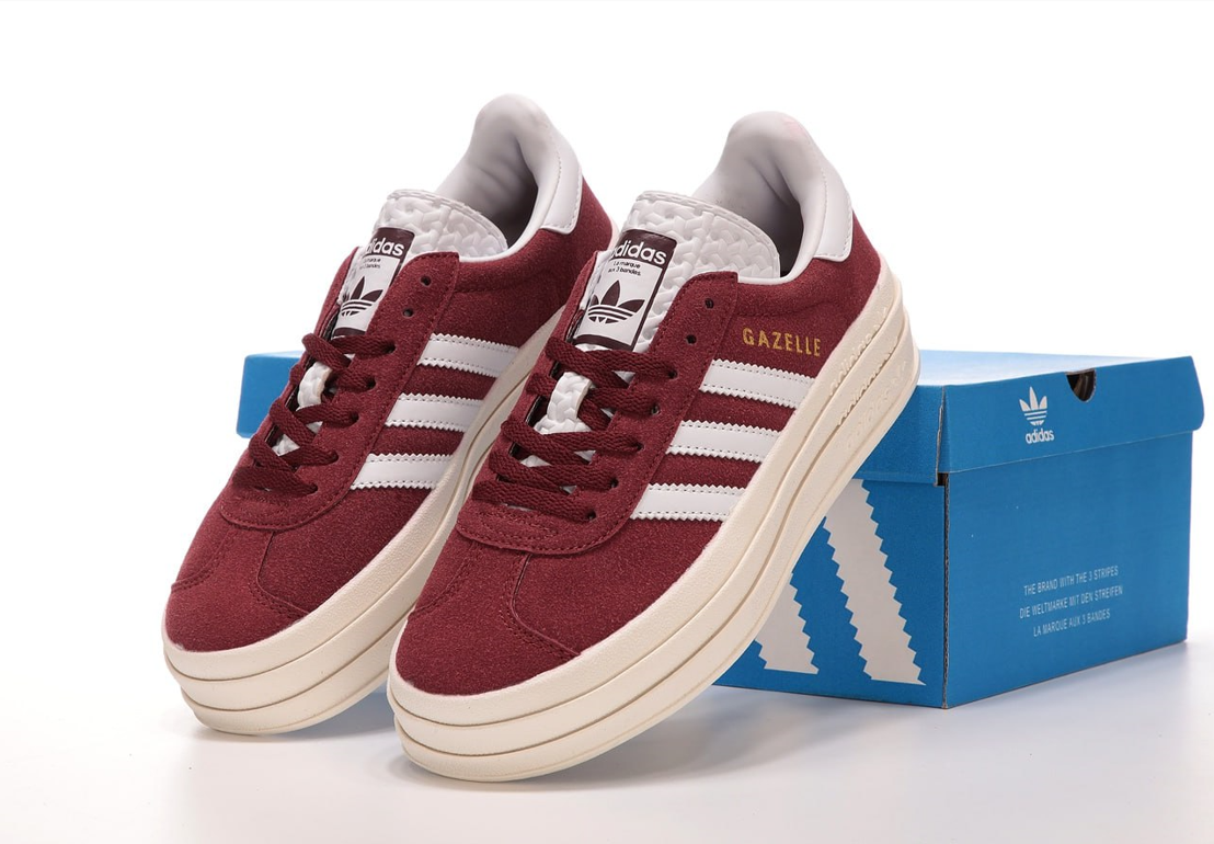 Кросівки жіночі Adidas Gazelle Bold Platform Red White Адідас Газель бордові червоні на високій підошві платформі замшеві