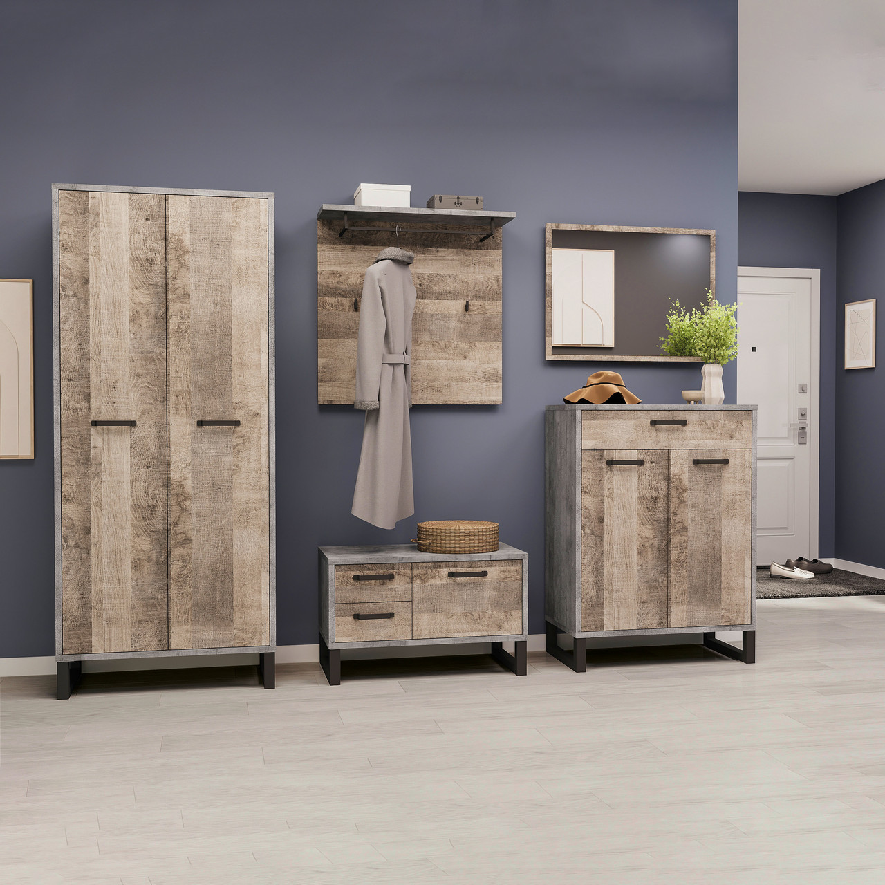 Сучасна модульна прихожа в довгий коридор у стилі лофт з шафою дзеркалом і тумбою для взуття Барі Сокме, фото 1