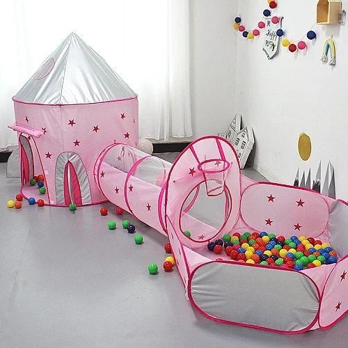 Дитячий ігровий будиночок-намет "Замок" 3в1 з тунелем і басейном під кульки рожевого кольору