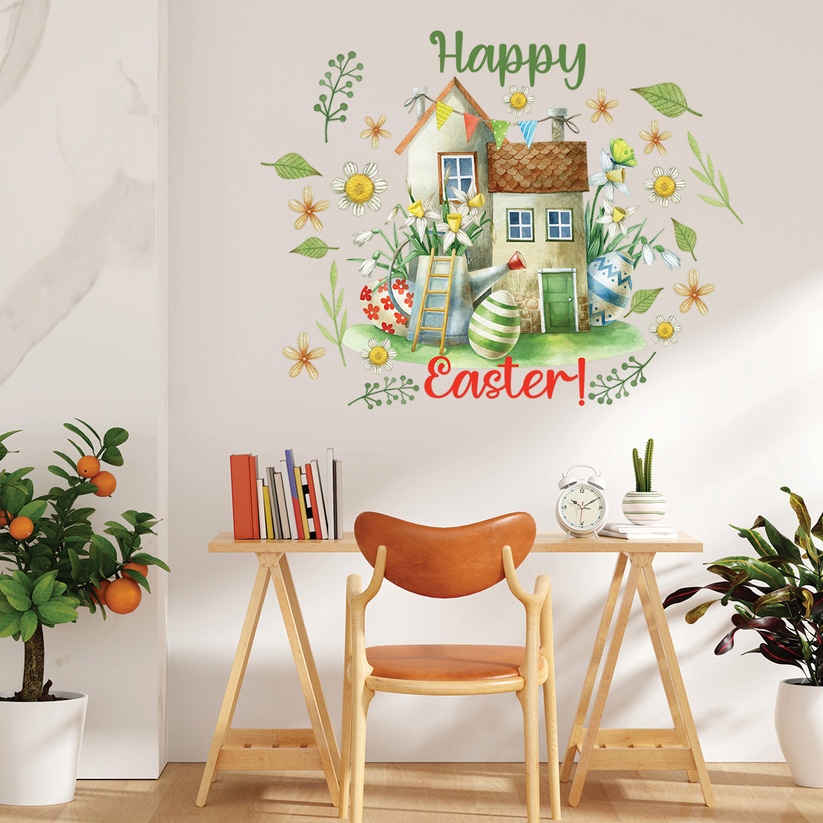 Декоративна наклейка Великодній будиночок 01 (весна квіти листя яйця Happy Easter) Набір S 550х640 мм матова