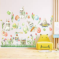 Декоративные наклейки Пейзаж-2 (пасхальные кролики яйца трава тюльпаны) Набор М 1100х500 мм матовая