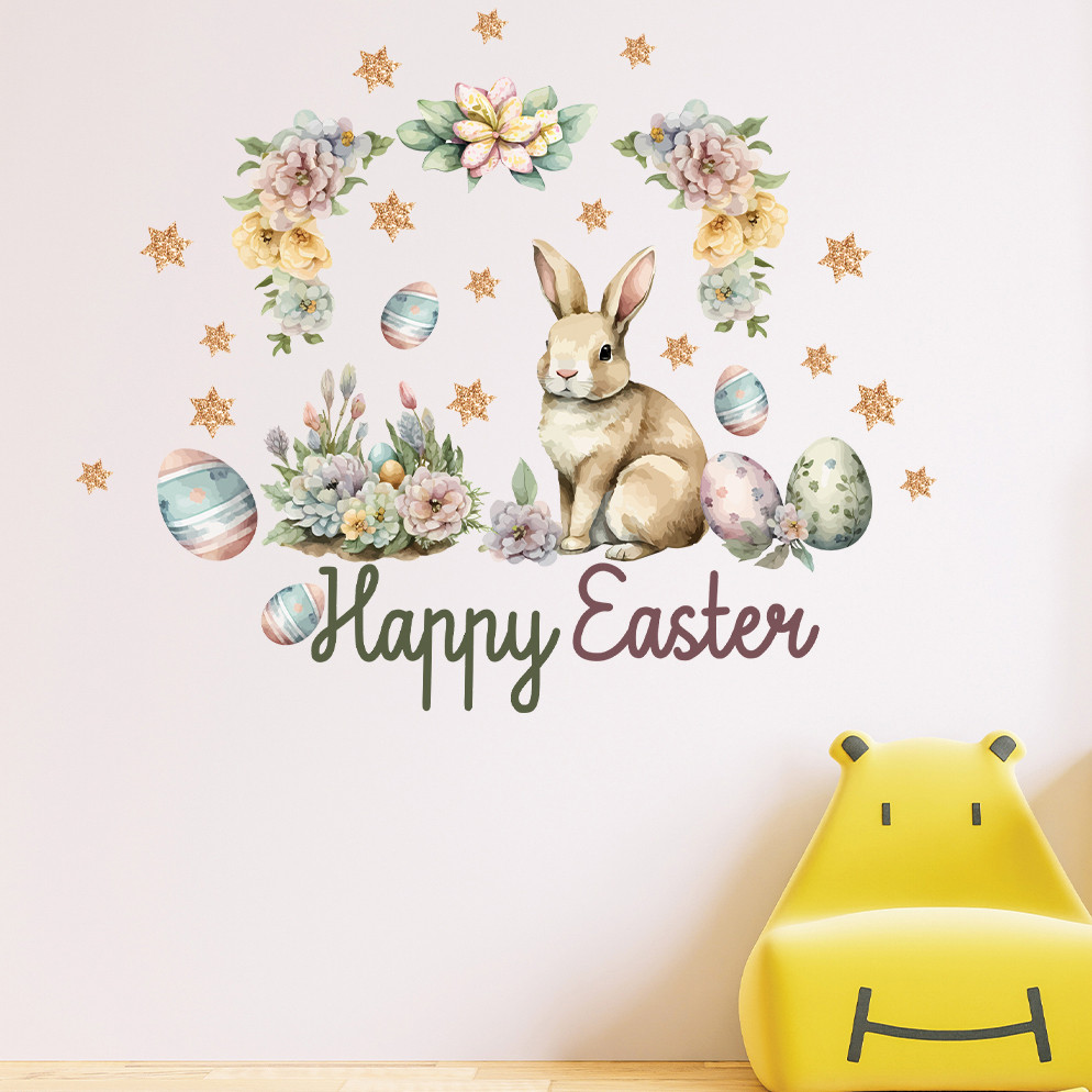 Вінілові наклейки Кролик яйця квіти Happy Easter Набір S 550х700мм матова