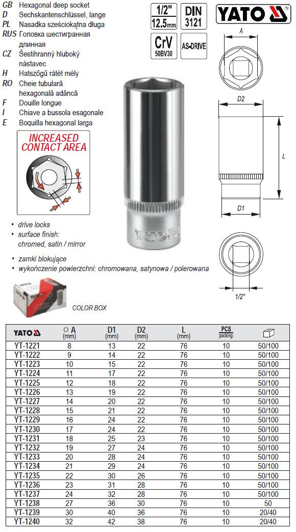Головка 6-гранна довга 1/2" М20,х76 мм YATO YT-1233