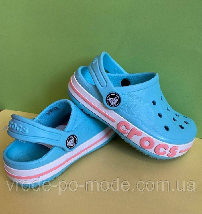 Дитячі крокси блакитні для дівчинки, сабо баябенд із закритим носком шльопанці літні з написом збоку Crocs Bayaband, оригінал, фото 1