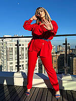 Женский деловой костюм тройка рубашка+майка+брюки ткань: лен Мод. 294 красный, 50/52