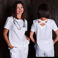 Топ женский медицинский белый короткий рукав с перекрестием на спинке, одежда для медицинского персонала р.42