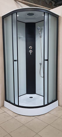 Душовий гідробокс 90*90*215 см на низькому піддоні з чорним профілем, переднє скло матове, заднє біле, фото 1