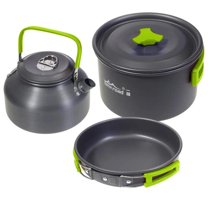 Алюмінієвий кемпінговий набір посуду DS-308 (каструля, сковорідка, чайник і столові прилади)
