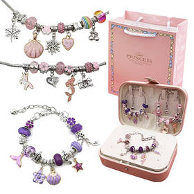Набір для створення шарм браслетів і прикрас з намистин 120 шт в шкатулці Рожевий/Фіолетовий (60502)