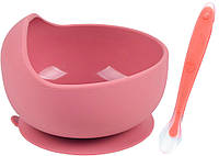 Набор силиконовая круглая тарелка 2Life Y19 для первых блюд розово-оранжевый и ложка оранжевы KC, код: 8038053