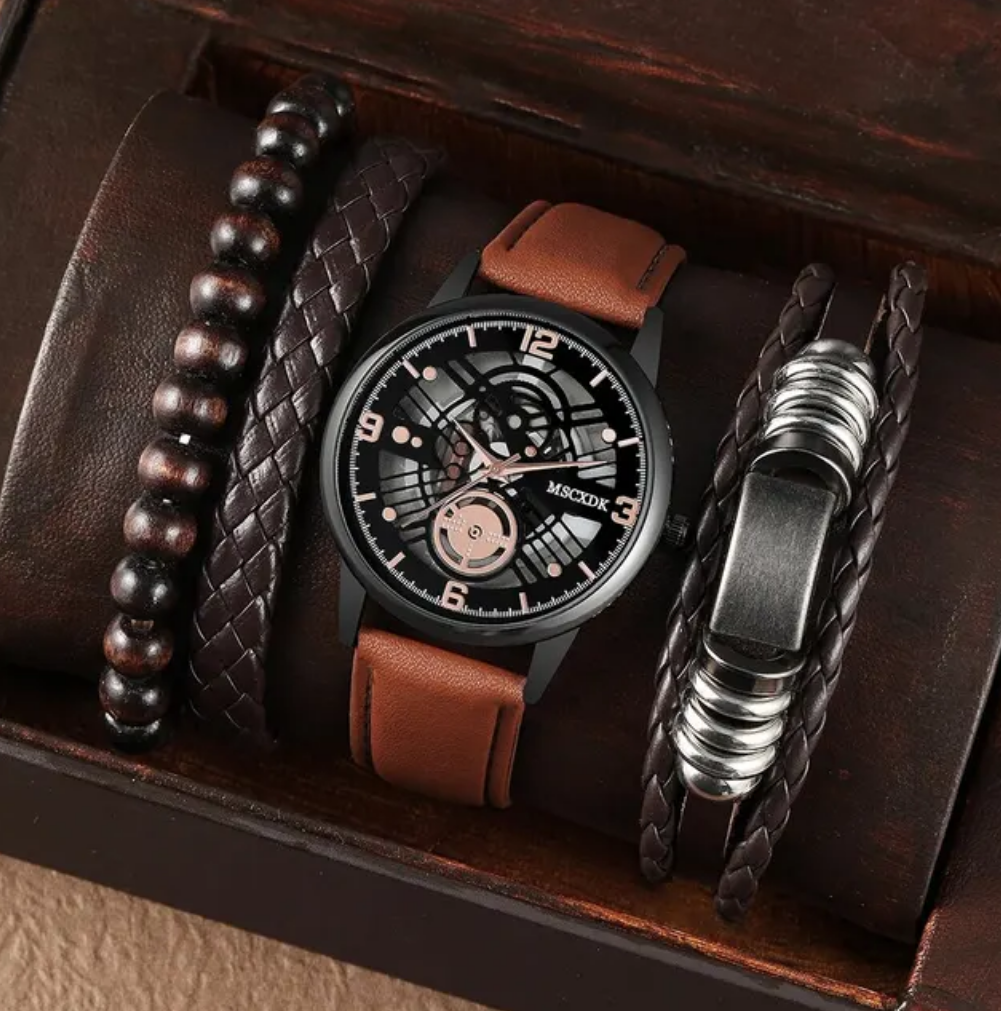 Наручний годинник та 3 браслети подарунковий набір для чоловіків, подарунок чоловіку чи хлопцю коричневий Код:MS05