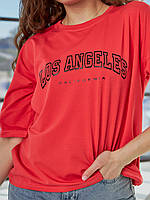 Футболка женская хлопковая, с принтом - надписью LOS ANGELES, Коралловый, M