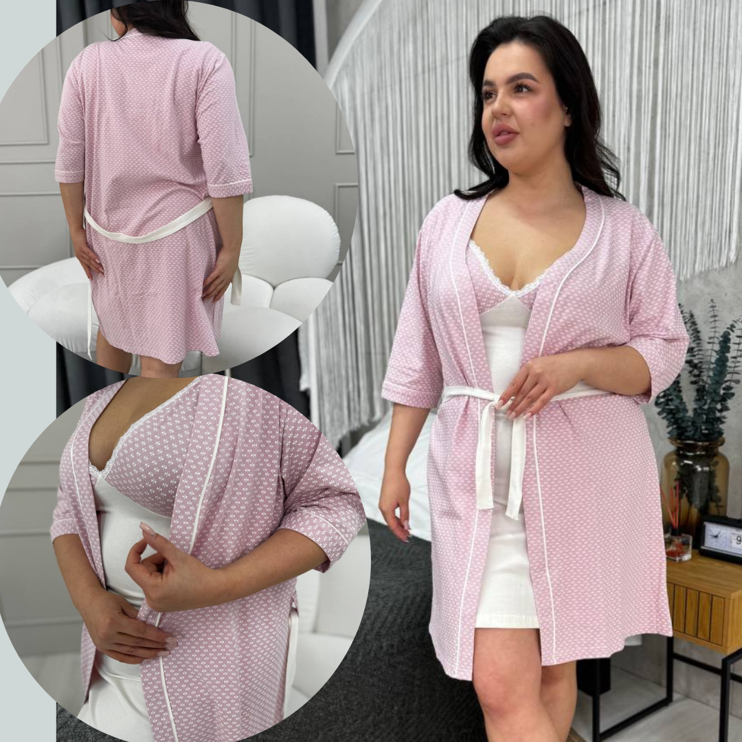 Жіночий халат з Ночнушкою Батал Комплект для сну великих розмірів домашній Туреччина Одяг для дому рожевий