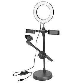 Кільцева світлодіодна LED лампа RIAS HA-12 9см з тримачем для мікрофона та телефону Black (3_04666)