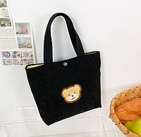 Черная вельветовая молодежная мини сумка с мишкой. Сумочка женская шопер. Сумка кошелек,сумочка молодежная.