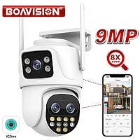 Поворотная уличная IP камера Boavision 9MP три объектива двойной зкран 8хZOOM Ai iCSee
