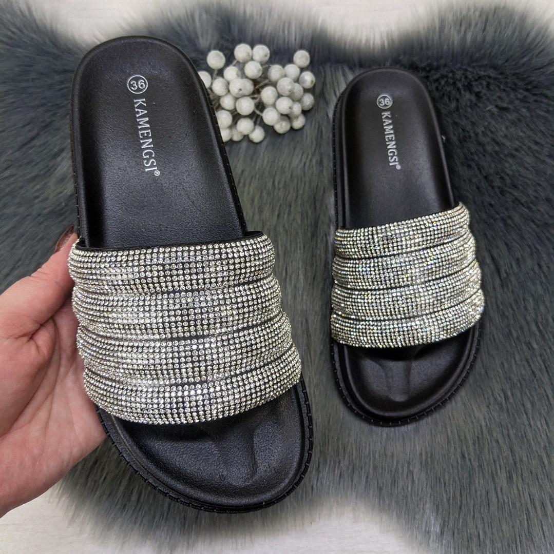 Шльопанці жіночі зі стразами Kamengsi чорні 4445