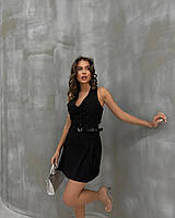 Женский льняной костюм двойка комплект короткая мини юбка + жакет жилет короткий серый, черный Чорний