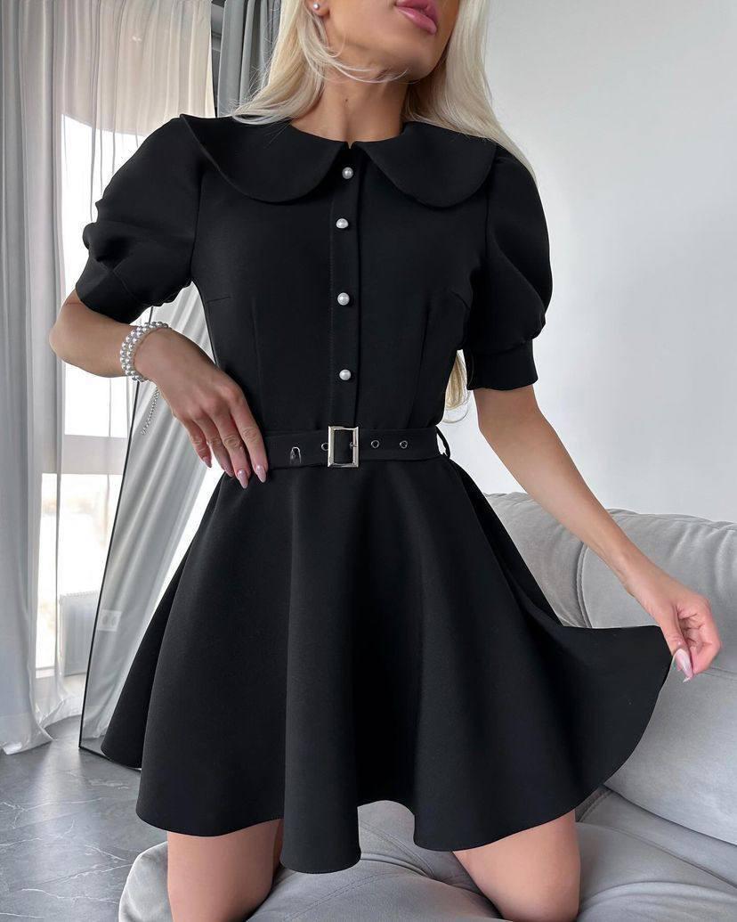 Жіноча коротка сукня на ґудзиках з поясом легка ніжна короткий рукав чорний, малина, фіолет