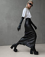 Женская кожанная строгая юбка с разрезом по середине, длина миди, цвет черный