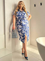 Женское летнее платье-рубашка большого размера приталенного фасона премиум качество принт флористика голубое