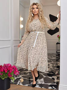 Жіноча брендова шифонова сукня великого розміру довгий рукав принт дрібна квіточка бежева