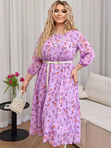 Жіноча брендова шифонова сукня великого розміру довгий рукав принт дрібна квіточка рожева