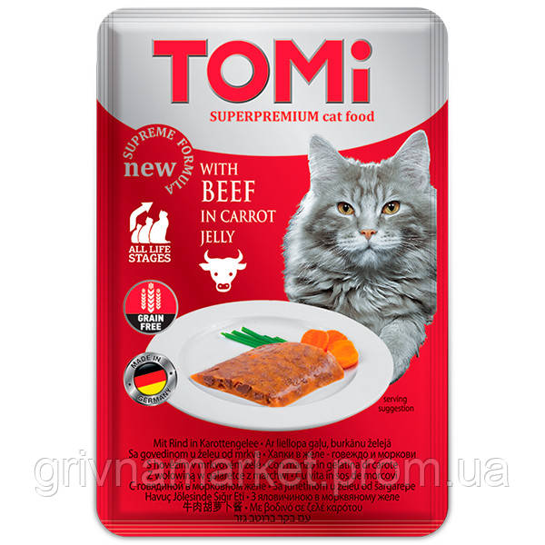 Вологий корм консерви для котів TOMi BEEF in carrot jelly яловичина в морквяному желе 100 г (40 GM, код: 7772137