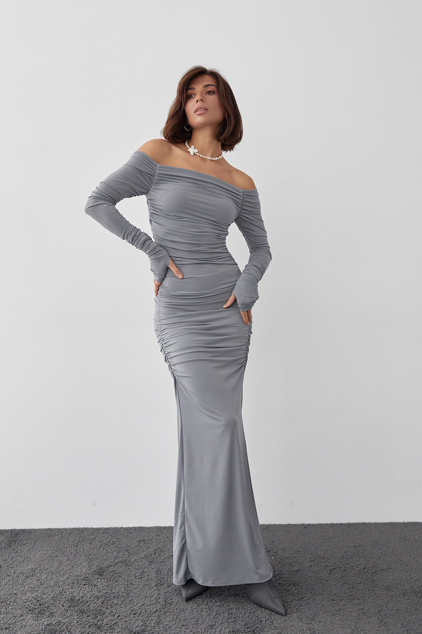 Довге вечірнє плаття з драпіруванням — сірий колір, L (є розміри)