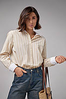 Полосатая рубашка с однотонным воротником и манжетами - бежевый цвет, L (есть размеры)