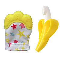 Детский силиконовый прорезыватель-перчатка для зубов желтый и прорезыватель-щётка банан 2Life EJ, код: 8298267