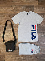 Летний комплект 3 в 1 футболка шорты и сумка Фила серого цвета