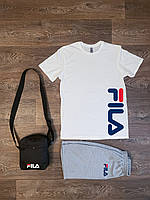 Летний комплект 3 в 1 футболка шорты и сумка Фила серого и белого цвета