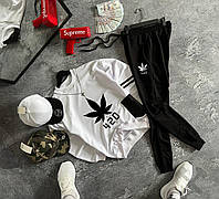 Мужской спортивный костюм трикотажный с принтом Leaves 420 весенний осенний летний черно-белый