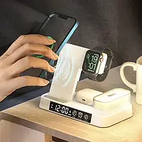 Бездротова зарядка Magsafe стенд + часник та нічник A37 4 in 1 Fast 30W для iPhone Apple Watch AirPods для айфона часів