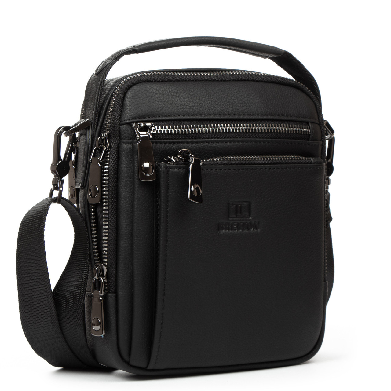 Сумка чоловіча шкіряна на плече модна чорна з трьома кишенями на два відділи на блискавці  Bretton 407-152