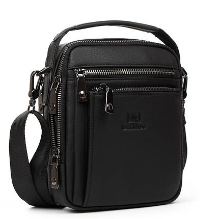 Сумка чоловіча шкіряна на плече модна чорна з трьома кишенями на два відділи на блискавці  Bretton 407-152, фото 1