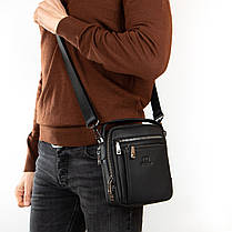 Сумка чоловіча шкіряна на плече модна чорна з трьома кишенями на два відділи на блискавці  Bretton 407-152, фото 2