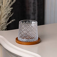 Стакан юла 300 (мл) крутящийся стакан для виски стеклянный прозрачный с бамбуковой подставкой ромб