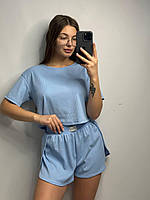 Легкий качественный и стильный женский домашний костюм голубого цвета размеры XS-S, M-L, XL-XXL