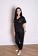 Топ жіночий медичний Еліс з попліну вільного крою чорний, одяг для медичного персоналу р.44