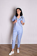 Летний женский медицинский топ с коротким рукавом из поплина Элис голубой, одежда для медперсонала р.42