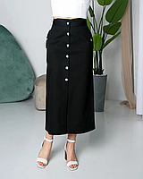 Длинная черная юбка-трапеция из коттону с пуговицами, в размерах 42, 44, 46, 48, 50, 52, 54