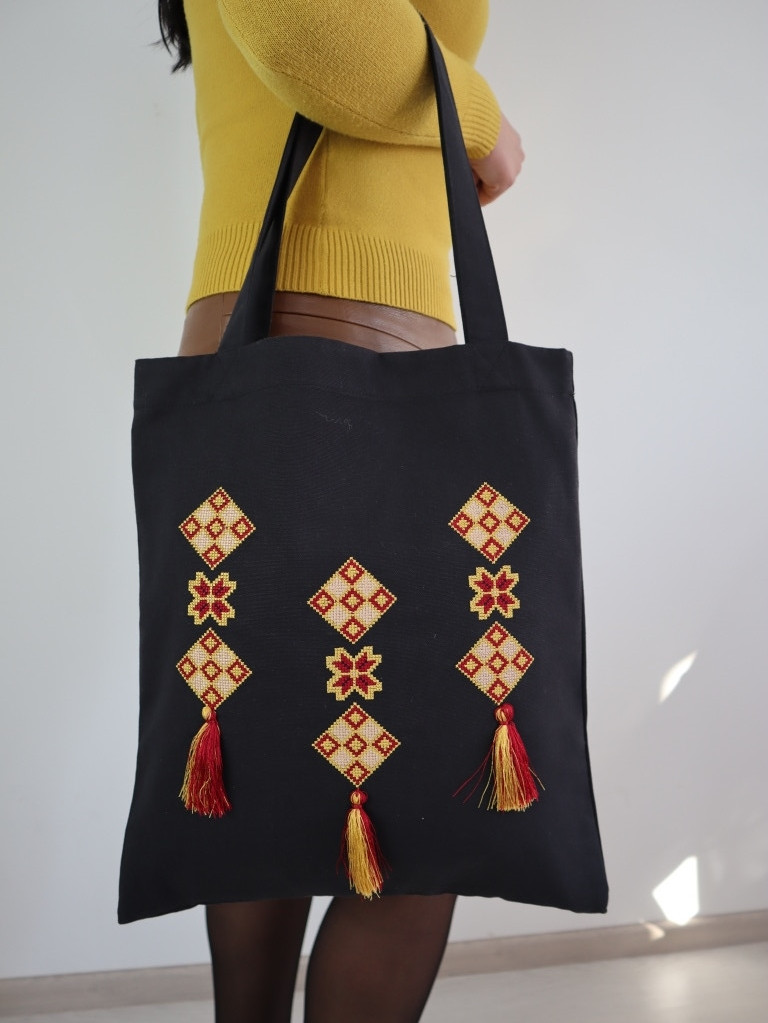 Сумка Шоппер з вишивкою Етно 2 з понпонами, еко сумка для покупок, шопер, сумка з вишиванкою, сумка для покупок вишита
