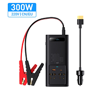 Автомобильный инвертор Baseus 300W с 2 розетками на 220V + USB + Type-C (чистый синус) Черный