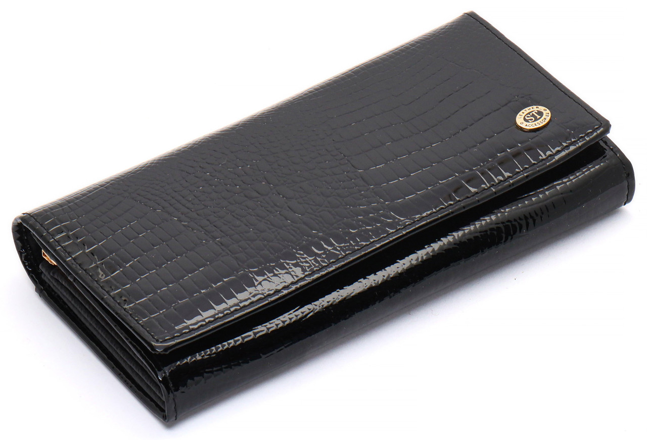 Гаманець чорний багатофункціональний лаковий з натуральної шкіри ST Leather S1001A