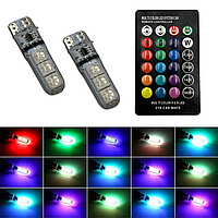 Светодиодные автомобильные лампы габарита T10 W5W RGB Led / 16 цветов + пульт для управления цветами