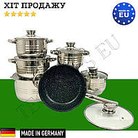 Набор посуды German Family из нержавеющей стали (12 предметов) с многослойным дном Набор кастрюль и сковорода