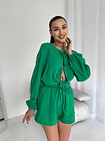 Женская весенняя пижама шорты и кофта на завязках арт. 386 Зелёный