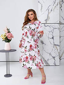 Чудова весняна біла сукня софт з рожевими квіточками, великих розмірів від 46 до 58